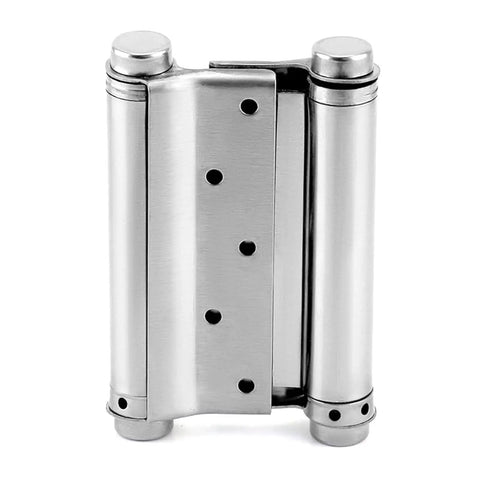 Heavy Duty Stainless Steel Auto Closing Hinges 4 Pack Double Action Pivot Spring Loaded Brushed Finish exposed from the front.