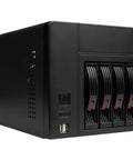 Front view of black Mini ITX NAS Case K3 Dope 4 Bay DIY Computer Enclosure with 4 drive bays and front USB ports