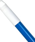 Heavy Duty 48 Inch Powder Coated Metal Broom Handle With Smooth Plastic Thread Attachment And Secure Hanging Cap Standard Acme Fitting For Floor Sweeps 12 Pack Built Like A Truck Blue handle detail.