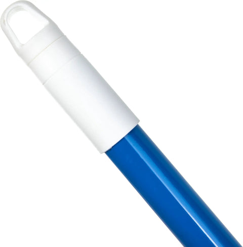Heavy Duty 48 Inch Powder Coated Metal Broom Handle With Smooth Plastic Thread Attachment And Secure Hanging Cap Standard Acme Fitting For Floor Sweeps 12 Pack Built Like A Truck Blue handle detail.