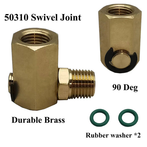 Brass Ninety Degree Swivel Joint For Air Hose Reels, Quarter Inch FPT To Quarter Inch MPT, Keeps Hose From Kinking, Reduces Stress, No Fuss Install, Handles Up To Five Thousand PSI, brass 90-deg fitting with washers