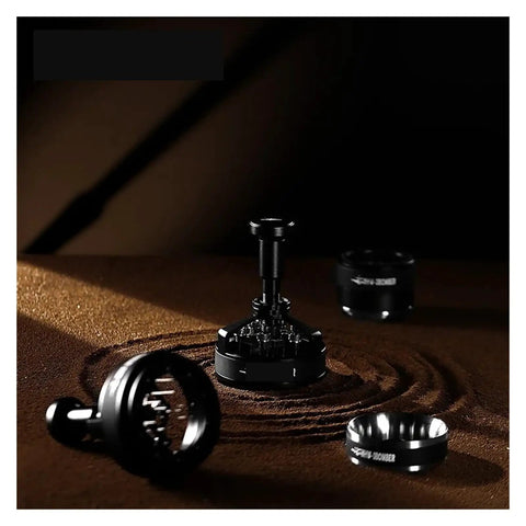 Pro Level 58mm Adjustable Espresso Puck Distribution Tool For Standard Portafilters set on brown coffee grounds.