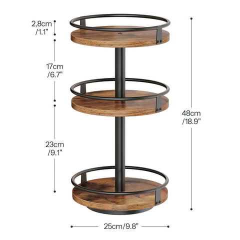 3-Tier Lazy Susan Organizer with Rotating Turntable Spice Rack, 18.9" high, rustic brown and black finish, vertical kitchen storage