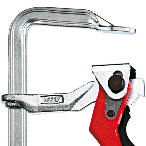 Heavy Duty 20 Inch Lever Clamp With Quick Grab Ratchet Jaw Dead Nuts Cold Drawn Steel Frame close-up showing ratchet mechanism.