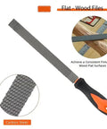 Heavy Duty Three Piece Wood Rasp File Set With Eight Inch Round Half Round And Flat Steel Files Featuring Soft Rubber Grip Handles For Pro Carpenters Knocking Down Rough Surfaces And Smoothing Hardwood Like A Champ Flat carbon steel file shown with textured grip handle.