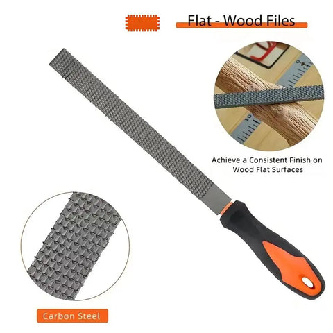 Heavy Duty Three Piece Wood Rasp File Set With Eight Inch Round Half Round And Flat Steel Files Featuring Soft Rubber Grip Handles For Pro Carpenters Knocking Down Rough Surfaces And Smoothing Hardwood Like A Champ Flat carbon steel file shown with textured grip handle.