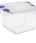 Heavy Duty Clear Storage Bins 2 Pack With Tight Blue Latches, transparent plastic tubs for organizing boots and sports gear.