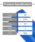 Product specification for Heavy Duty Dark Blue Stretch Wrap With Built In Core Handles 20 By 1000 Feet Eighty Gauge Super Cling Plastic Film Roll.