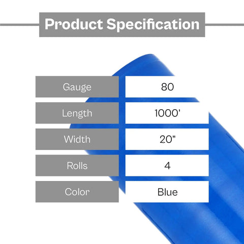 Product specification for Heavy Duty Dark Blue Stretch Wrap With Built In Core Handles 20 By 1000 Feet Eighty Gauge Super Cling Plastic Film Roll.