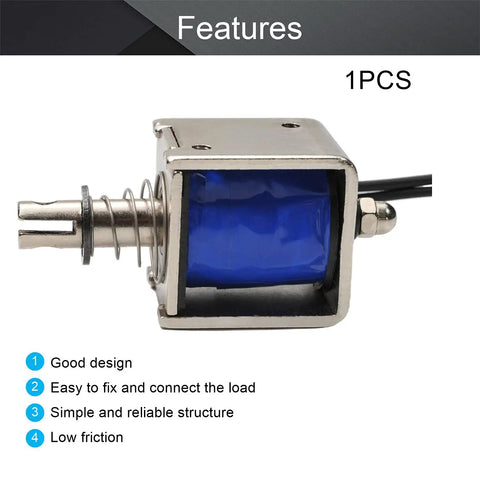 12V DC Push Pull Open Frame Solenoid Electromagnet, 20N Force, 10mm Stroke, 2A Current, Compact 22x25x26mm, Spring Return Linear Actuator For DIY Projects And Small Automation, open frame side view