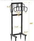 Built Tough Heavy Duty Outdoor Garden Hose Holder Freestanding Stand With Brass Faucet And Four Prongs, dimensions labeled