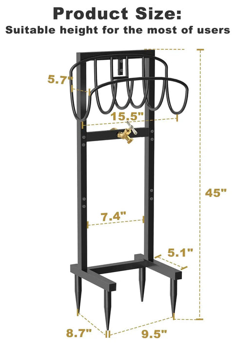 Built Tough Heavy Duty Outdoor Garden Hose Holder Freestanding Stand With Brass Faucet And Four Prongs, dimensions labeled