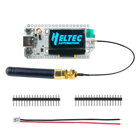 Beast IoT Dev Board With WiFi LoRa And BLE For 915MHz And 868MHz Band SX1262 Module Type C USB, OLED display, antenna, and cables.