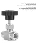 Stainless steel needle valve with black knurled knob; 1/4 NPT female x 1/4 NPT female straight connections