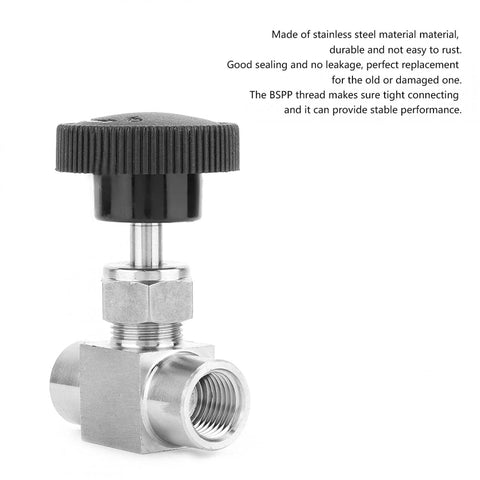 Stainless steel needle valve with black knurled knob; 1/4 NPT female x 1/4 NPT female straight connections
