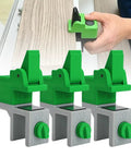 Slick Adjustable Scribe Jig And No Fuss Clamp Tool For Kitchen Cabinet Fillers and Wardrobe Carcasses showing green clamp tools for precise alignment.