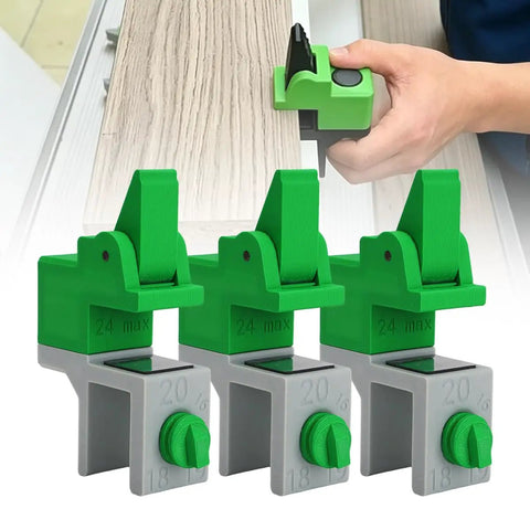Slick Adjustable Scribe Jig And No Fuss Clamp Tool For Kitchen Cabinet Fillers and Wardrobe Carcasses showing green clamp tools for precise alignment.