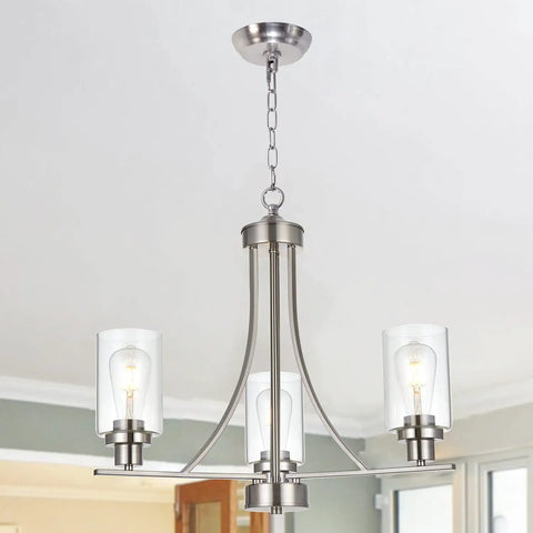 3 Light Brushed Nickel Pendant Chandelier With Clear Glass Shades for modern kitchen dining room.