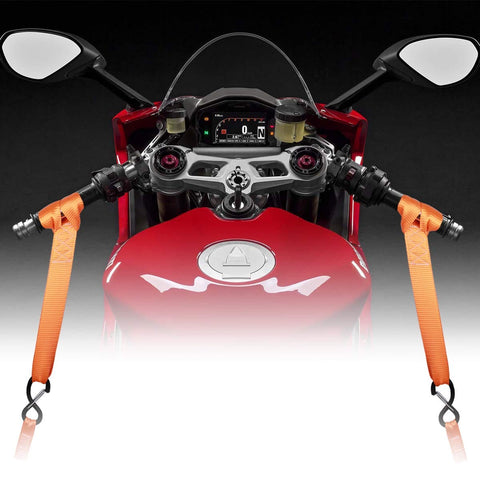 Soft Loops Tie Down Straps 4 Pack 12,000 Lbs Max Strength securing red motorcycle handlebars
