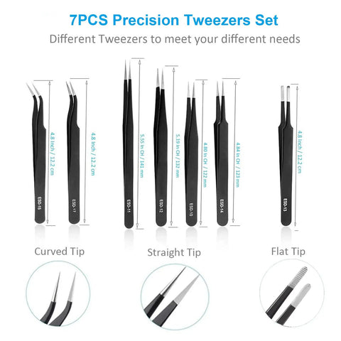 Go-To All-in-One 7-Piece Precision Tweezers Set - Anti-Static Stainless Steel ESD Tweezers Kit For Electronics