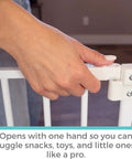 Ninja Level Heavy Duty Auto Close Baby Gate Featuring Hella Low Half Inch Threshold easily opened with one hand for convenience.
