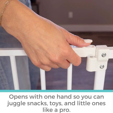 Ninja Level Heavy Duty Auto Close Baby Gate Featuring Hella Low Half Inch Threshold easily opened with one hand for convenience.