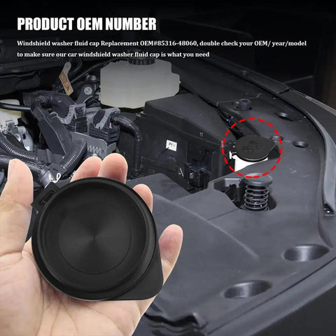Close-up of OEM 85316-48060 washer fluid reservoir cap replacement for Toyota Highlander and Lexus, showing plug and play design.