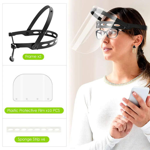 Adjustable Full Face Shield Kit With Anti Fog Clear Visors Lightweight Frame 2 Pack shown with replaceable visors and sponge strips