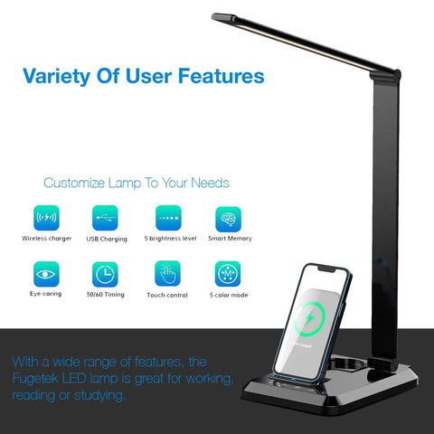 LED Desk Lamp With Wireless Charger And USB Port, Touch Control, Five Lighting Modes, 30 And 60 Minute Auto Timer, Eye Care display
