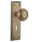 Vintage New York Plate With Keyhole Deco Knob Privacy Lock Set For Doors, 2 3/8 Backset, Antique Brass, Solid Forged Brass Plates