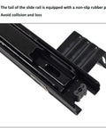 Close-up of Heavy Duty Keyboard Drawer Slides 10 or 12 Inch with non-slip rubber pad on black metal rail, ball bearing runners visible.