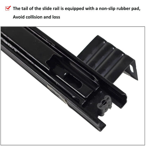 Close-up of Heavy Duty Keyboard Drawer Slides 10 or 12 Inch with non-slip rubber pad on black metal rail, ball bearing runners visible.