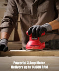 Heavy Duty Five Inch Random Orbital Sander Featuring Six Variable Speeds And A Badass 360 Watt Motor For Killer Wood Finishes Plus Low Vib Build With An Easy Dump Dust Bag For Quick Projects in use.