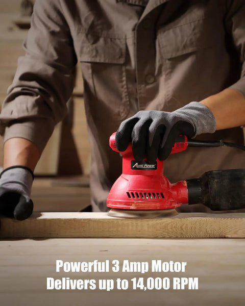 Heavy Duty Five Inch Random Orbital Sander Featuring Six Variable Speeds And A Badass 360 Watt Motor For Killer Wood Finishes Plus Low Vib Build With An Easy Dump Dust Bag For Quick Projects in use.