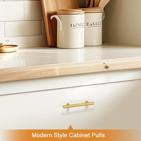 Top Tier Stainless Steel T Bar Cabinet Pulls In A Knockout Gold Finish, 3 3/4 Inch Center To Center Sizing For Kitchen Drawers, Heavy Duty Hardware That Slides Smooth As Butter Every Time on white kitchen drawer.