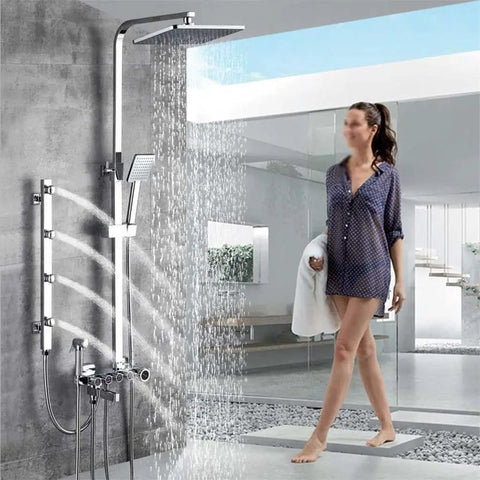 Golden White Wall Mounted Shower System With Rainfall Head And Massage Jets Solid Brass Swivel Spout in modern bathroom setting.