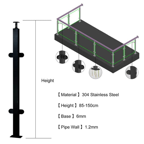 Heavy Duty Square Glass Railing Post In Sleek Black Finish Built Like A Tank Using Rust Resistant Stainless Steel Corner Stair Baluster details with dimensions.
