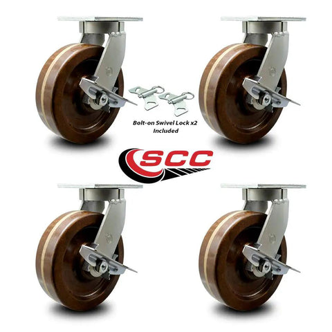 12 Inch Beefy Swivel Top Plate Caster Set With Heavy Duty Phenolic Wheels, High Temp Performance Casters, 4 Piece Set with Bolt On Locks