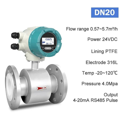 Badass Heavy Duty Electromagnetic Water Flow Meter Sensor With Reliable Performance Built Tough For Nasty Industrial Sludge RV Lines And Gritty Pipes Dn50 Metric Standard, DN20 model with display, PTFE lining, and 316L electrode.
