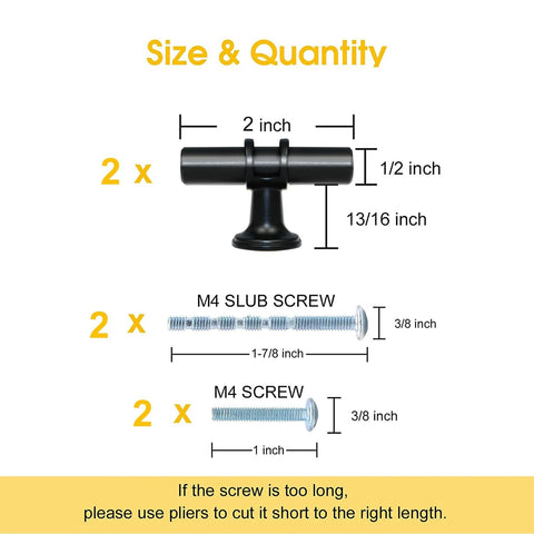 2 Pack Matte Black Cabinet Pulls T Bar Knobs For Kitchen Cupboards And Bathroom Cabinets size and quantity diagram.