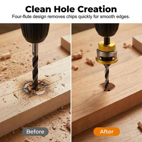 Pro Grade Four Blade Countersink Drill Bit Set With Depth Stop And Aluminum Stop Collar drilling clean holes in wood