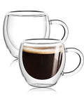 Double Wall Insulated Espresso Cups Set Of Two Borosilicate Glass Demitasse Mugs With Handle Heat Resistant Shot Glasses shown with espresso.