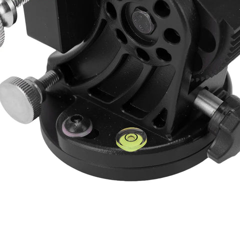 Close-up of black aluminum Latitude Adjustment Base for Telescope Mounts 3/8 inch adjustable equatorial wedge with level