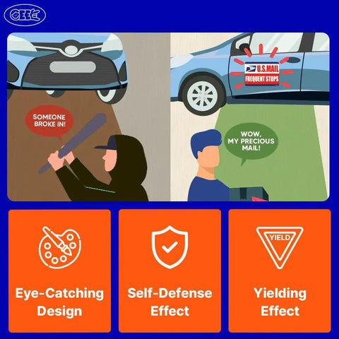Infographic showing Mail Delivery Driver Car Magnet 2 Pack with high visibility on vehicles, highlighting safety and effectiveness.