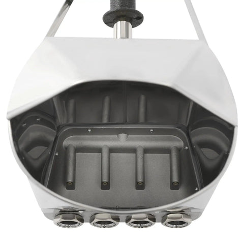 Built Tough Air Stucco Texture Hopper Sprayer Cranks Out Fast Wall Coating with visible four nozzle openings and aluminum design.