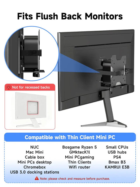 Boss Grade Adjustable Mini Pc Mount Bracket Vesa Under Desk And Monitor Arm Computer Holder Hella Secure Quick Swap Design For Nuc Chromebox Mac Mini And Thin Clients 2 Pack attached to flush back monitor.