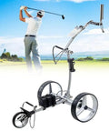 Easy Fold Electric Golf Push Cart With Remote Control And Dual Motor For Casual Rounds On The Links, stainless frame, compact design, outdoors.