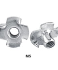 Four Pronged T Nuts For Woodworking And Furniture Making Carbon Steel With Zinc Plating Secure Threaded Socket M5