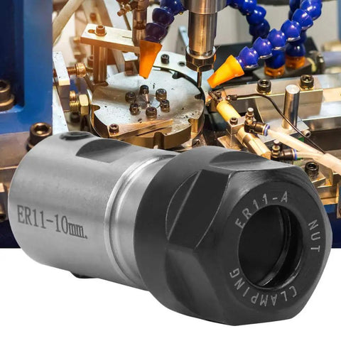 Pro Grade ER11 Collet Block With 10mm Axle Hole for Lathes and Milling Machines, shown with spiral thread quick clamp.