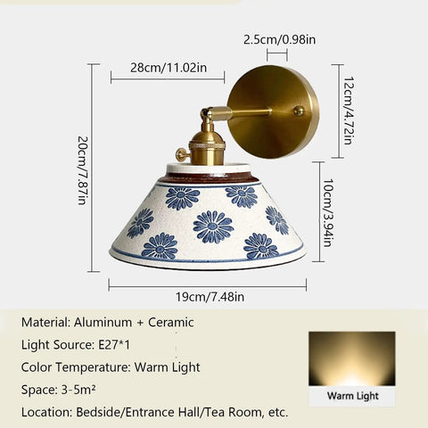 MECOLA Vintage Ceramic Shade Wall Sconce Adjustable Angle Wall Mount Light with blue floral design and gold accents.